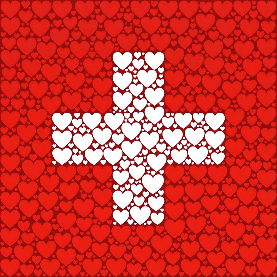 SchweizLove-Logo: ein weisses Schweizerkreuz aus Herzen auf einem roten Herzenmuster